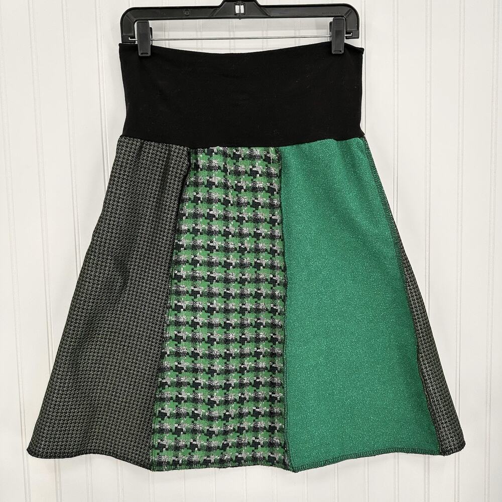 Green 3 Skirt Women Medium Upcycled Vintage Fabric Patchwork Academia Preppy USA